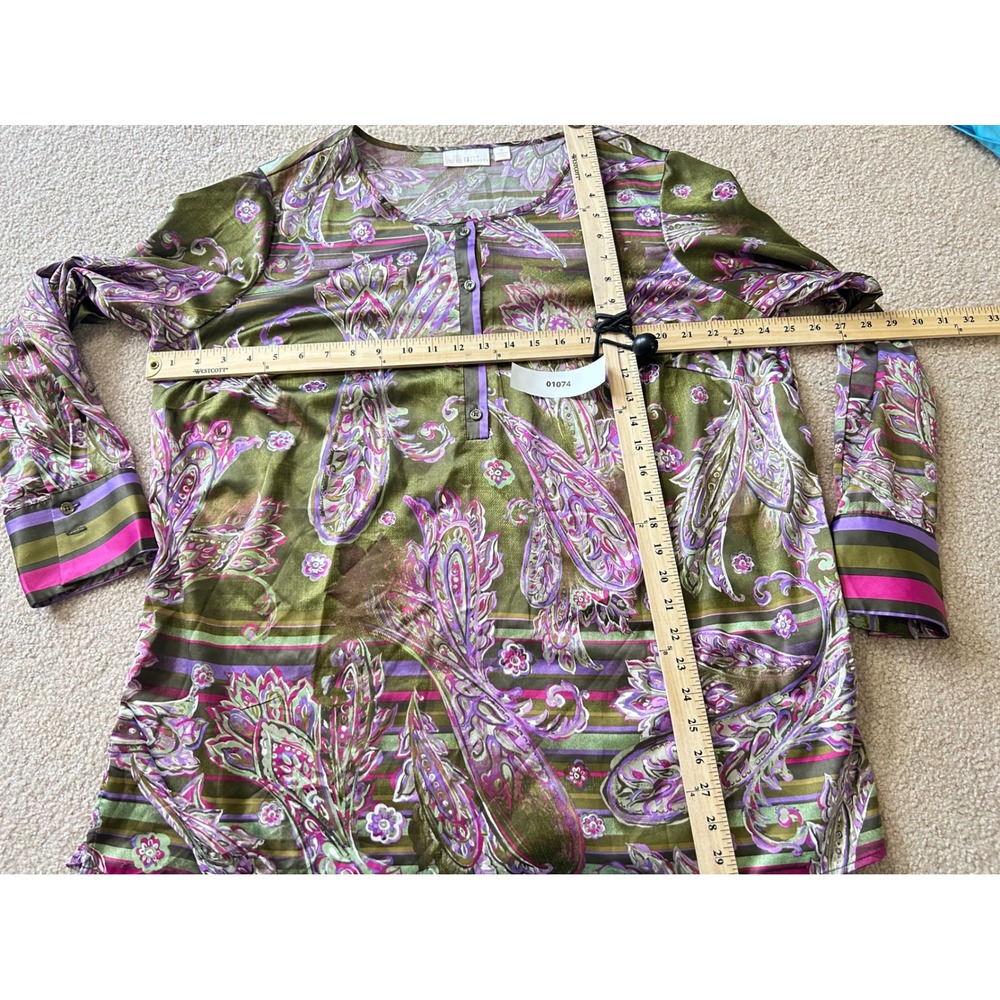 Belle Kim Gravel Paisley Print Button Front Tunic Top Women 1X Olive Purple - Picture 8 of 8